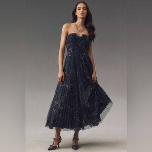 Anthropologie Hutch Corene Strapless Floral Tulle A-Line Midi Dress